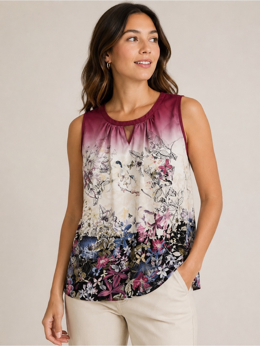 Christopher & Banks Floral Sleeveless Blouse Women’s Large Pink Ombre Keyhole